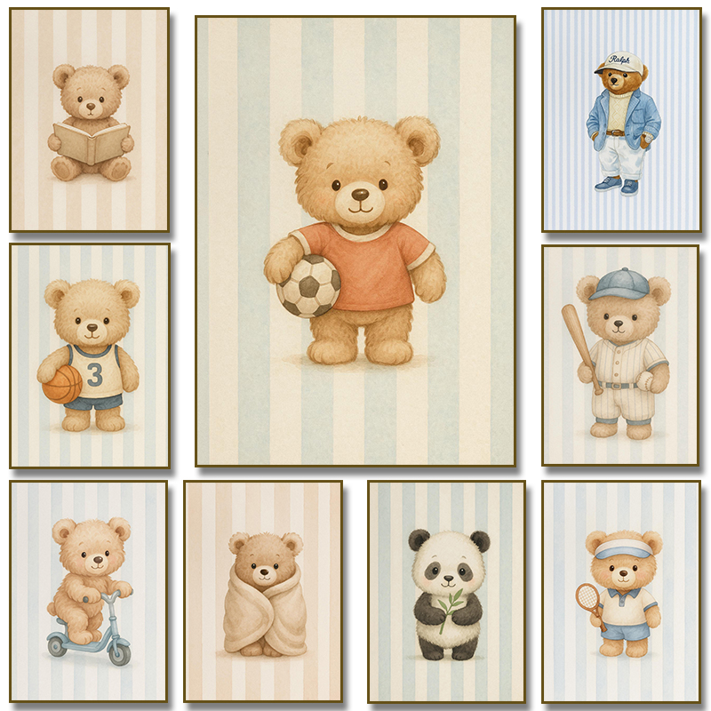 Badminton Poster - Panda Garis Biru dengan Bambu Boneka
